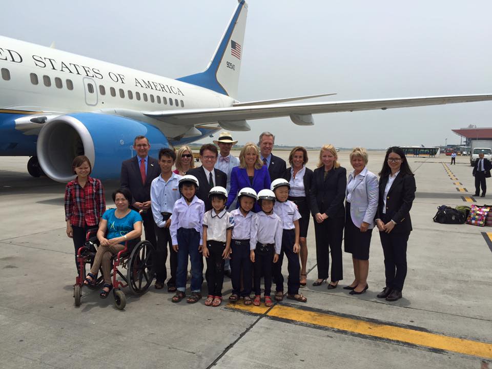 Dr. Jill Biden meets Protec helmet factory staff and local children upon her arrival to Hanoi, Vietnam