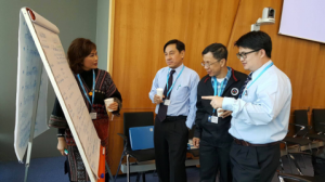 Legal Development Program members Ratanawadee H. Winther, Pol. Major General Pongson Kongtrikaew, Pol. Colonel Kriangdej Juntrawong, and Pisith Wongthianthana, collaborate during the workshop. 